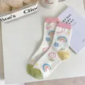 Cute cartoon rainbow floral print women mid-calf socks cream white casual daily wear. - G2330 Rainbow Little Flower