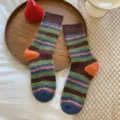 Fuzzy striped mid-calf socks for women, retro color block winter warm cozy knit socks. - One Size / Coffee