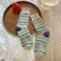 Korean fuzzy striped socks, sweet plush warm winter mid-calf retro women socks cozy style - One Size / Blue and Khaki