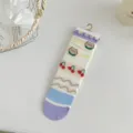 Cute women's mid-calf socks with sweet cartoon bear and cherry print, breathable mesh design. - One Size / Purple