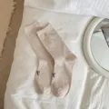 Chaussettes en coton mignonnes nœud style japonais, chaussettes douces dentelle pour femmes. - Taille unique / Beige