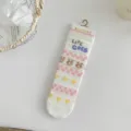Cute cotton mesh mid-tube socks with sweet heart bear and plaid pattern for women daily wear. - One Size / Pink White