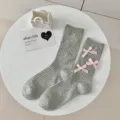 Gray Lolita cute mid-calf socks for women featuring sweet pink bows, spring summer fashion. - One Size / Grey with Pink Bow