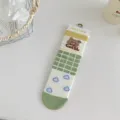 Cute summer breathable mesh cotton socks for women, Korean style cartoon bear mid-calf socks. - One Size / Green