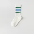White yoga socks for women, long athletic socks with green and blue stripes and grip sole. - One Size / Light Blue Thick Stripes
