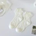 Chaussettes mi-hautes lolita en dentelle blanche style japonais mignon coton pour femmes - Taille unique / Rose en dentelle blanc cassé