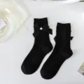 Chaussettes lolita noires avec nœud mignon et perle, bas côtelés doux pour fille kawaii. - Taille unique / Noir - Nœud Papillon Perle