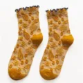 Women's ethnic jacquard mid-tube socks with cute ruffled edges and retro vintage style everyday wear. - One Size / Yellow