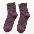 Women mid-calf socks ethnic style jacquard lettuce edge grey mid tube socks variant - One Size / Purple