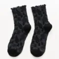 Women vintage dark grey jacquard mid-calf socks with cute ruffled lettuce edge design. - One Size / Black
