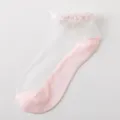 Cute Japanese style sheer crystal silk socks for women, summer thin floral lace ankle socks. - One Size / Light Pink