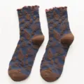 Retro ethnic jacquard women mid tube socks with lettuce edge and brown contrast heel and toe. - One Size / Navy Blue