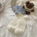 Cute women short socks with blue gingham ruffle cuffs, sweet white cotton hosiery. - Milk White