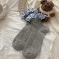 Grey women mid-tube socks with blue plaid ruffled rolled cuffs sweet style spring summer - Light Gray