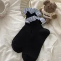 Black short socks with blue checkered ruffle cuffs, cute sweet style variant for women. - Black
