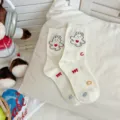 Cute white mid-tube socks featuring adorable bear and heart embroidery, sweet style spring. - One Size / Rabbit / White
