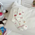 Cute white women mid-tube socks with red cherry print and sweet Japanese style design. - One Size / Cherry / White
