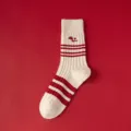 Red Year of the Snake women's knit socks, cute snake embroidery mid-tube cotton socks. - One Size / White and Red Thin Stripes