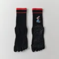 Black five-toe yoga socks with cute dog pattern, red stripes, and anti-slip silicone grips. - One Size / Black