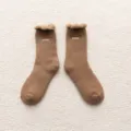 Thickened plush embroidered mid-tube women socks, sweet curled edge winter warm thermal socks. - One Size / Coffee