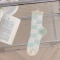 Sheer glass silk mid-tube socks with sweet ruffles, checkerboard pattern and cute hearts. - One Size / Green Checkerboard