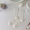 White cotton mid-tube socks for women, Japanese style cable knit slouch socks, breathable casual. - One Size / White