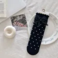Süße schwarze Polka-Dot-Socken mit niedlicher Spitze und schwarzer Schleife, vielseitig. - Einheitsgröße / Schwarz Punktmuster