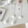 White mesh mid-calf socks with black bow embroidery, sweet ballet style knit hosiery. - One Size / White