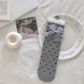 Süße graue Pünktchen-Socken mit eleganter Spitzen-Schleife, bequeme JK-Stil Strickstrümpfe. - Einheitsgröße / Gepunktet Grau
