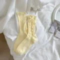 Cute yellow ruffle mid tube socks for women sweet bow ribbon JK lolita daily fashion hosiery - One Size / Light Yellow