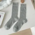 Grey bow embroidered ribbed mesh mid-calf socks for women sweet style cute daily hosiery - One Size / Light Gray