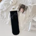 Schwarze Damensocken mit süßen Spitzen Schleifen Rüschen, vielseitig und niedlich für den Herbst. - Einheitsgröße / Vertikale Streifen Schwarz