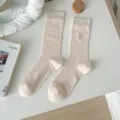Cute bow embroidered ribbed women socks, sweet ballet style breathable mesh mid-tube socks. - One Size / Light Pink