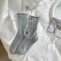 Grey ruffle mid-tube socks for women, sweet Japanese JK Lolita style with cute bow ribbons. - One Size / Light Gray