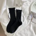 Black ruffle mid-tube women's socks with sweet bow ribbons, Korean style cute lolita socks. - One Size / Black