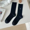 Women black mid-tube socks with cute bow embroidery sweet ballet style spring summer - One Size / Black