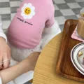 Cute pink pet sweatshirt with smiley flower embroidery, warm thermal dog clothes for winter. - S / Pink