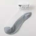 Women's sheer crystal silk short socks with white lace ruffles and grey toe heel trim. - One Size / Light Gray