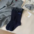 Women navy blue mid tube socks with plaid ruffles cute bow knitted hosiery breathable - One Size / Bow Knot Lace