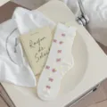 White cute mid-calf socks for women, sweet Japanese style with strawberry and bow patterns. - One Size / Strawberry Bow & Plumeria