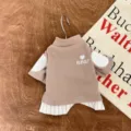 Spring autumn pet dog cat knit sweater fake two piece puppy clothes with cute heart embroidery. - XS / Coffee
