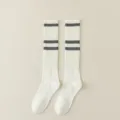 Women white long socks with dark grey stripes, chunky knit preppy style knee high socks. - One Size / White with Grey Stripes
