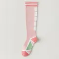 Pink athletic knee-high socks for women with white stripe and geometric sole grips. - One Size / Light Pink