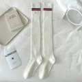 Japanese style JK over-the-knee long socks white ribbed knit stockings with cute stripes. - One Size / Milky White