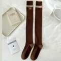 Brown knit over-the-knee socks with white double stripes and cute embroidery for women. - One Size / Coffee