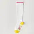 Fashion white knee high socks with pink stripe and yellow toe for women sports daily wear. - One Size / White Socks with Pink Cuffs