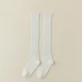 White knee high knit socks, casual solid color ribbed long stack socks for women. - White