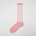 Pink mesh knee high socks for women, sheer thin summer hosiery with cute ruffled lace top. - One Size / Pink