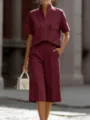 Completo Due Pezzi Casual Donna Top Tinta Unita Collo a V Maniche Corte e Pantaloni Larga - Borgogna