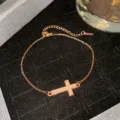 Elegant rose gold titanium steel bracelet featuring a sparkling pavé-set starry cross charm - Rose Gold Horizontal Rhinestone Cross Style (Style 22)